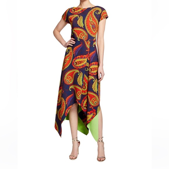 Chiara Boni La Petite Robe Paisley Short Sleeve Asymmetrical Midi Dress - Picture 1 of 8